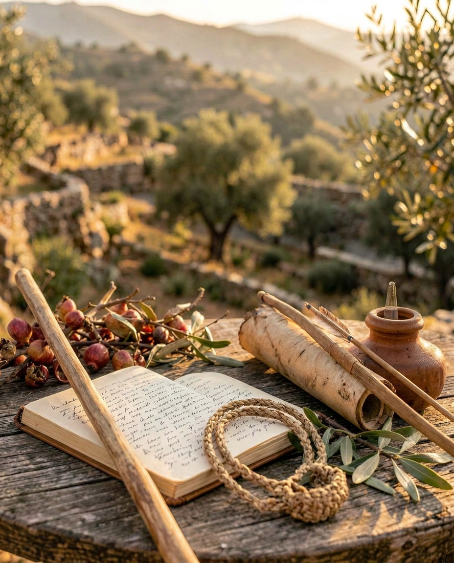 An open handwritten journal, a rolled scroll, pomegranate branches and a clay lamp on a wooden table, with sunlit Judean hills and olive trees behind